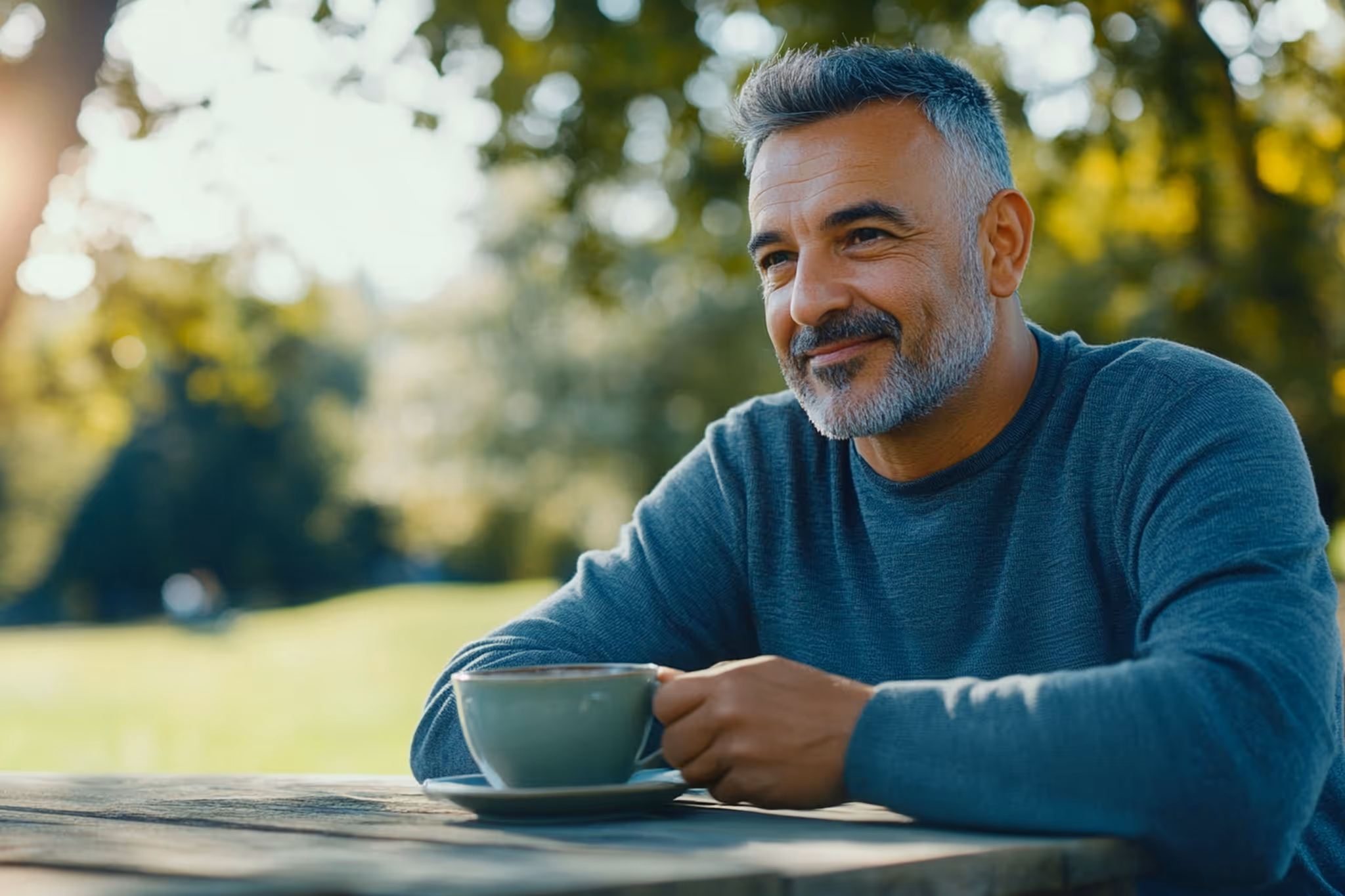 Happy mature man with coffee outdoors representing improved mental health and wellbeing