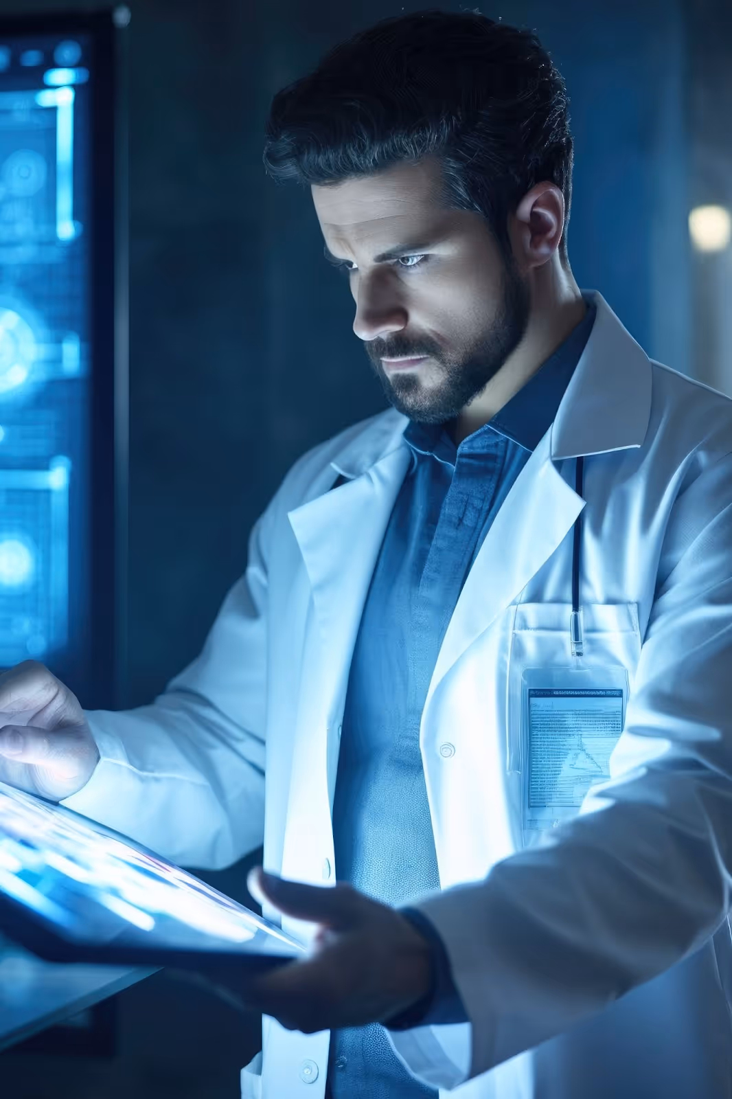 Professional doctor in white lab coat examining digital medical data on tablet in modern healthcare facility with blue lighting