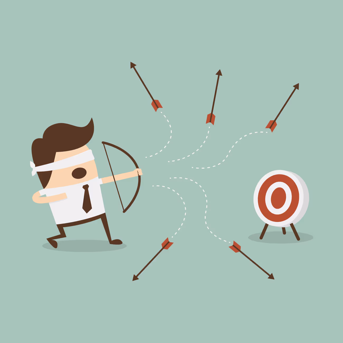 Businessman with bow and arrow missing target representing failed programs