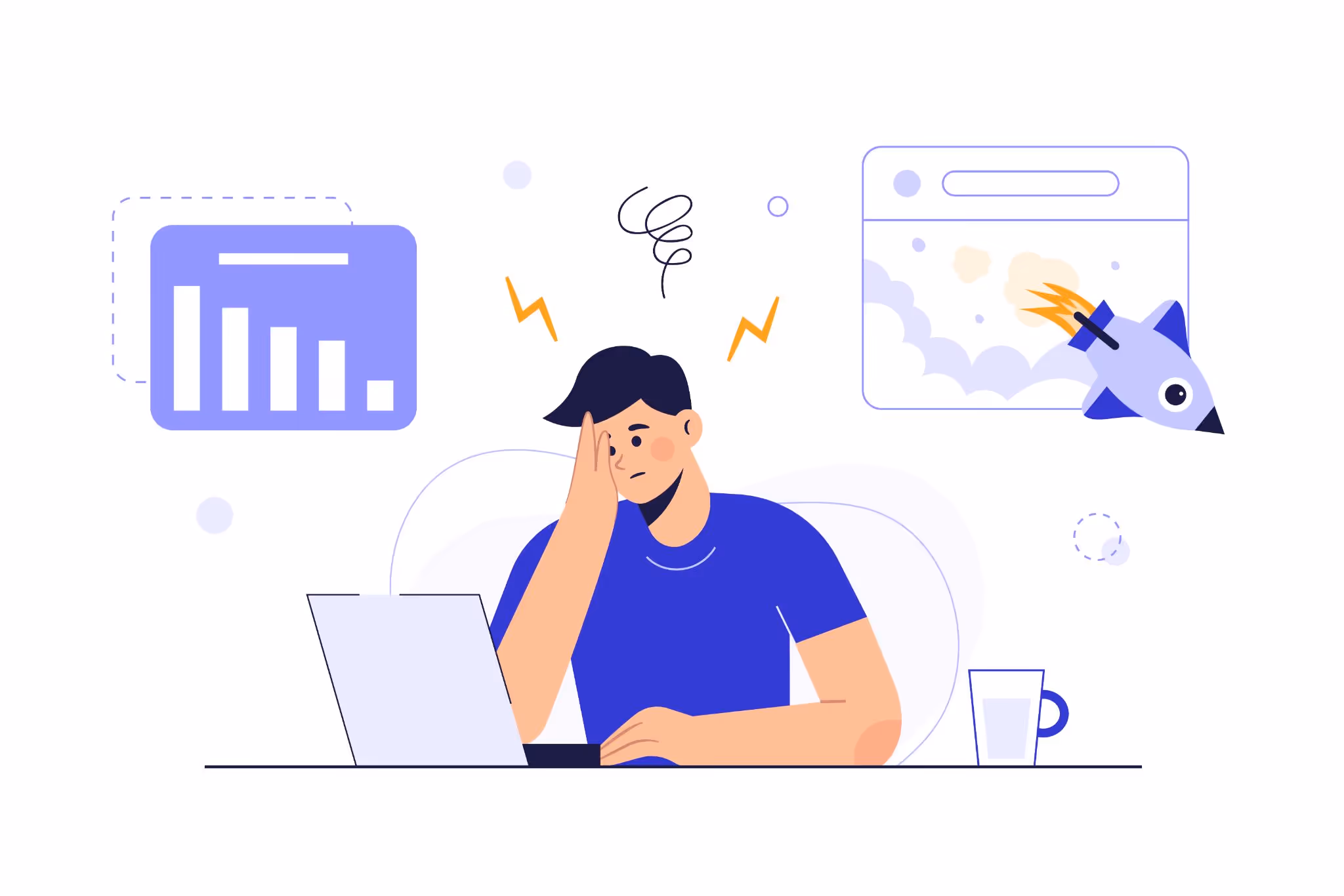 Frustrated man at computer with declining charts and crashed website
