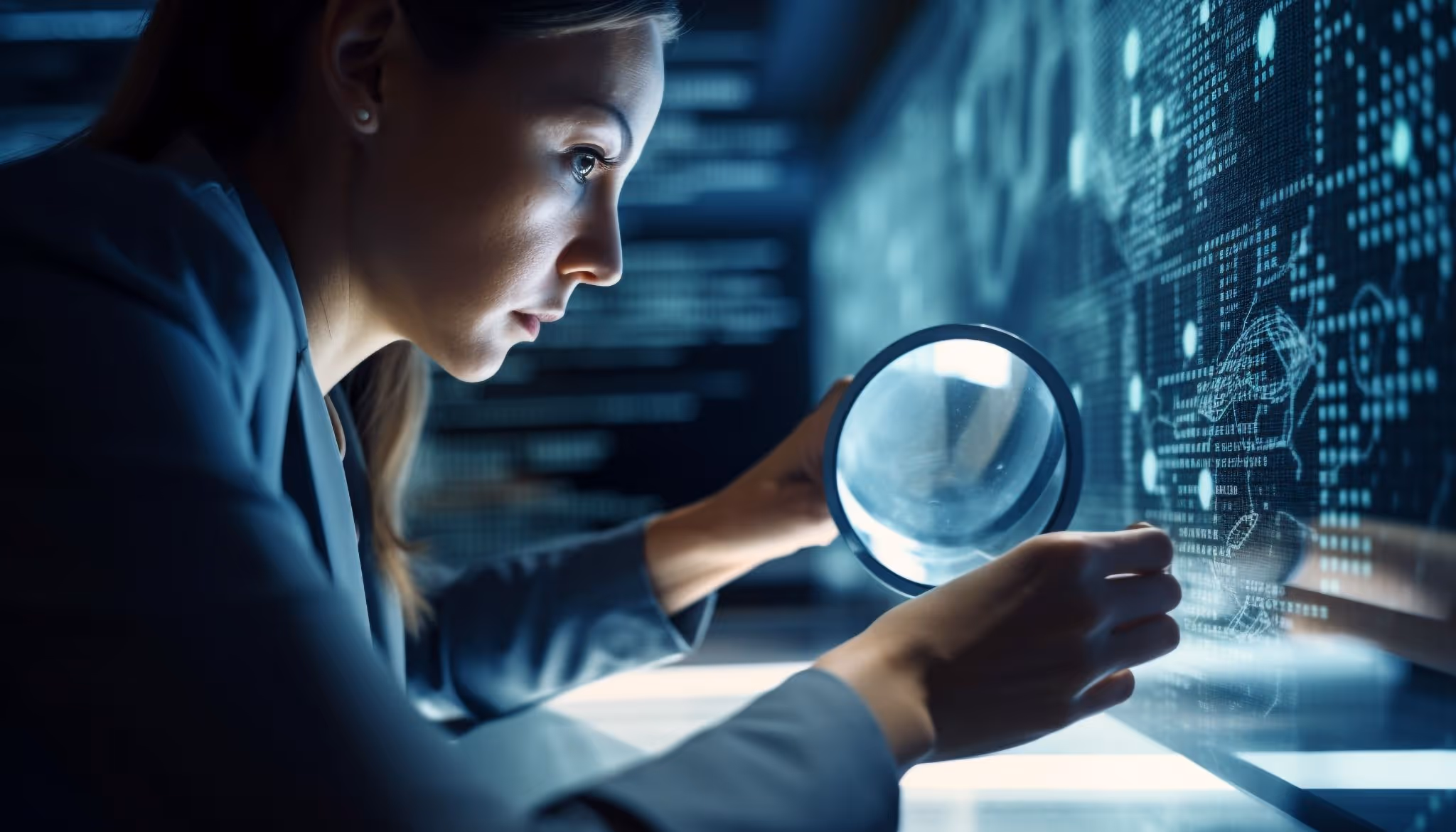 Female researcher analyzing data with magnifying glass for weight loss research