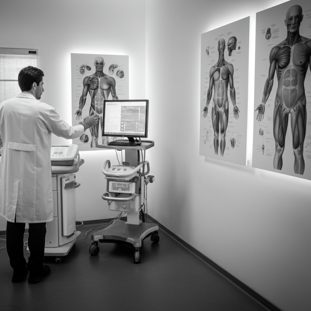 Doctor using medical equipment in modern clinic with anatomy charts