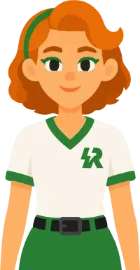 Illustration d'une femme avec des cheveux roux courts portant un serre-tête vert, un t-shirt blanc à col vert avec un logo LR vert et une jupe verte.