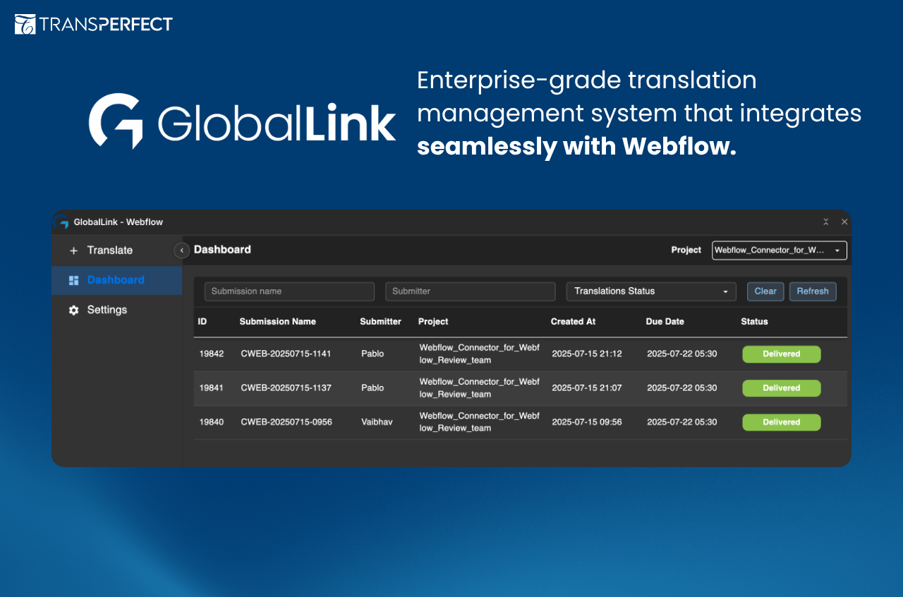Initiate new translation requests inside the GlobalLink Webflow app