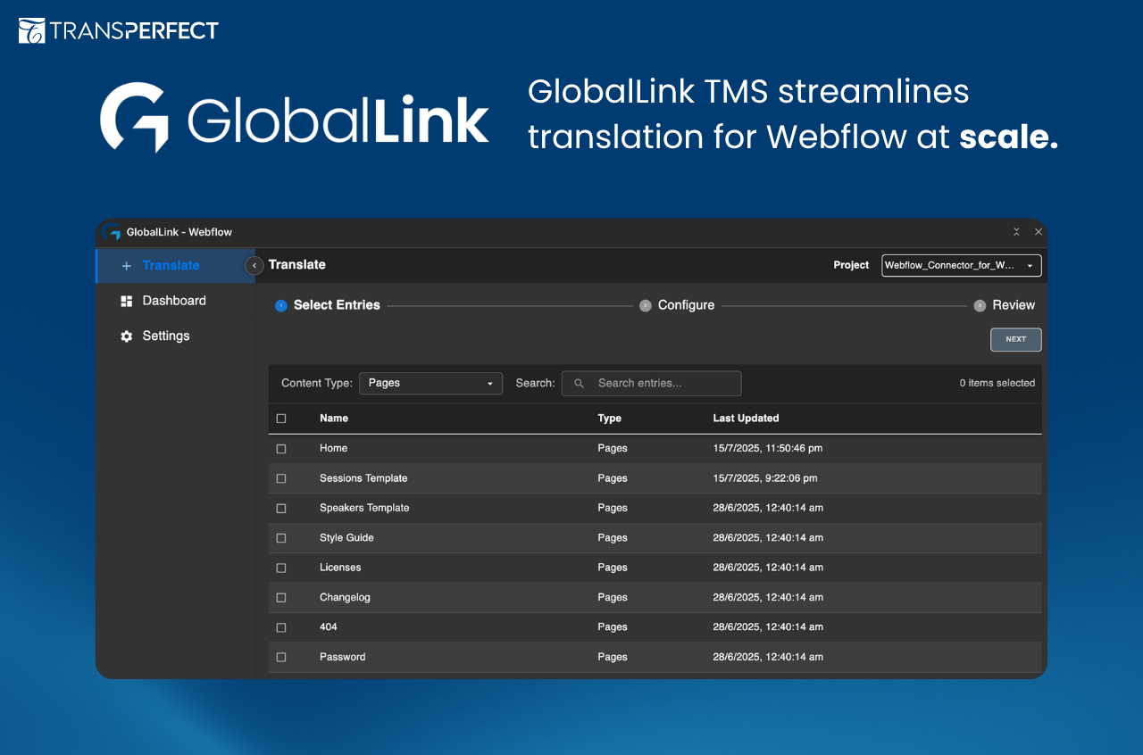 Visually select which entries you want to translate inside the GlobalLink Webflow app