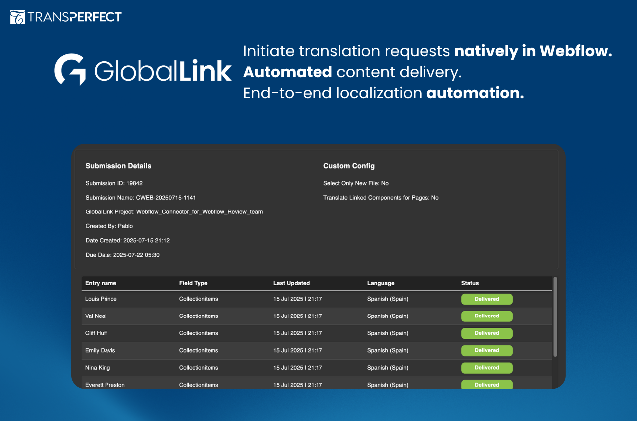 View the status of every translation request you make inside the GlobalLink Webflow app