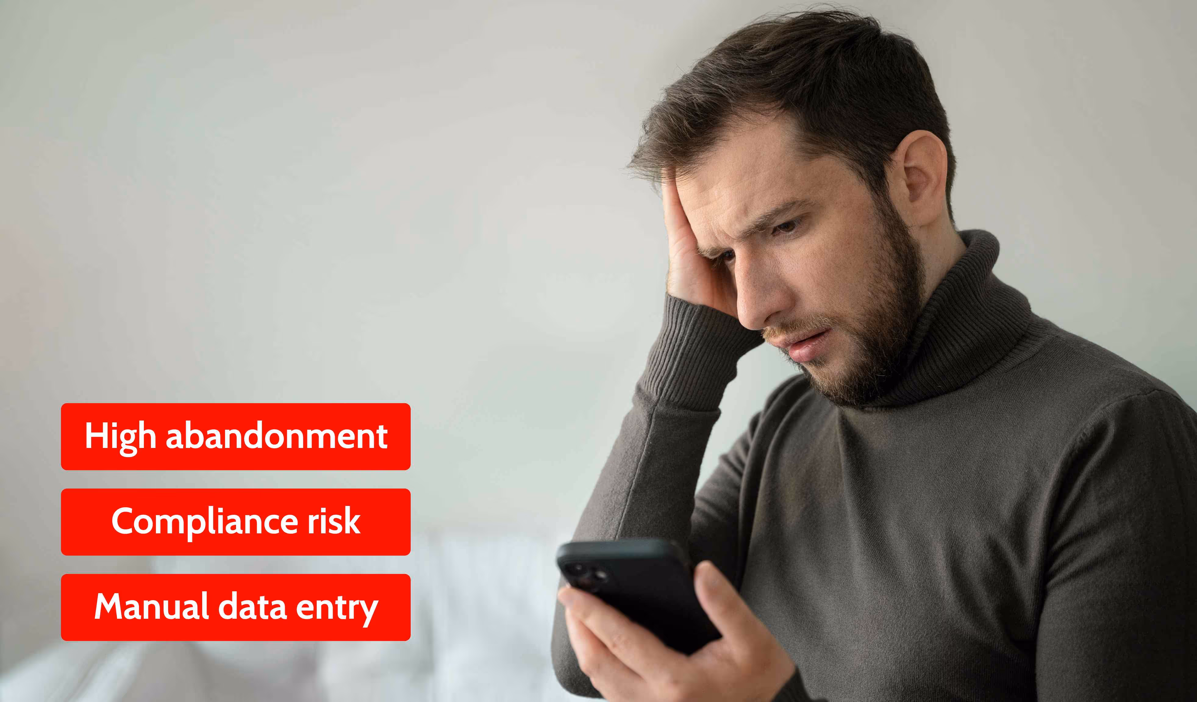 Worried patient staring at phone after voicemail—shows risk of generic call centres vs Adaptify medical answering