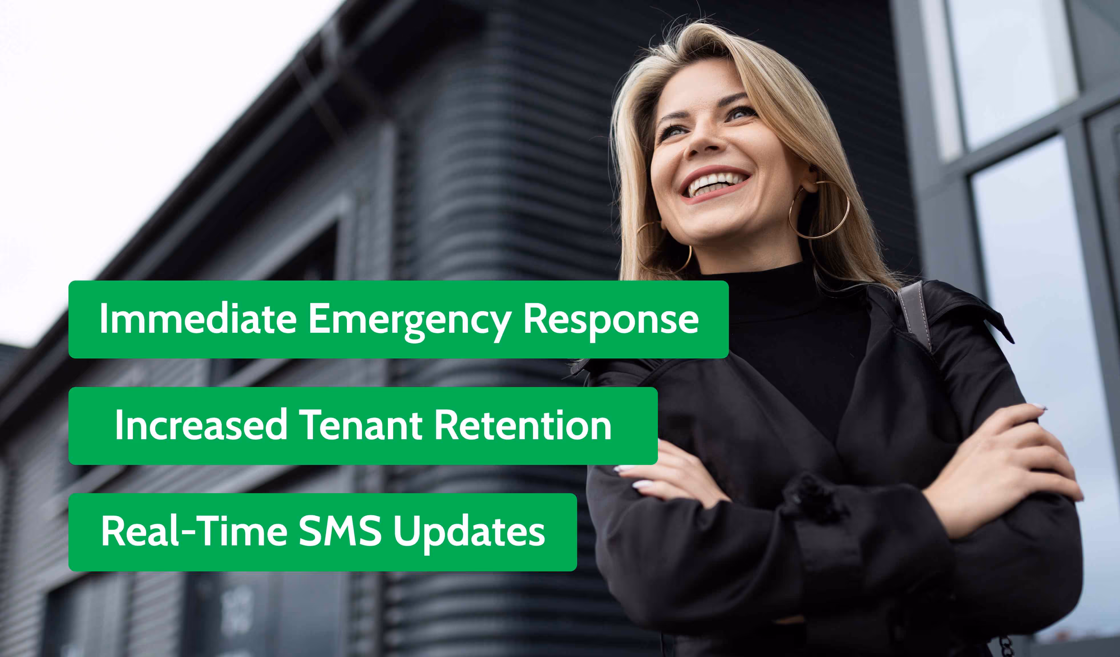 Happy resident outside building thanks to Adaptify’s instant emergency response, SMS updates & higher tenant retention