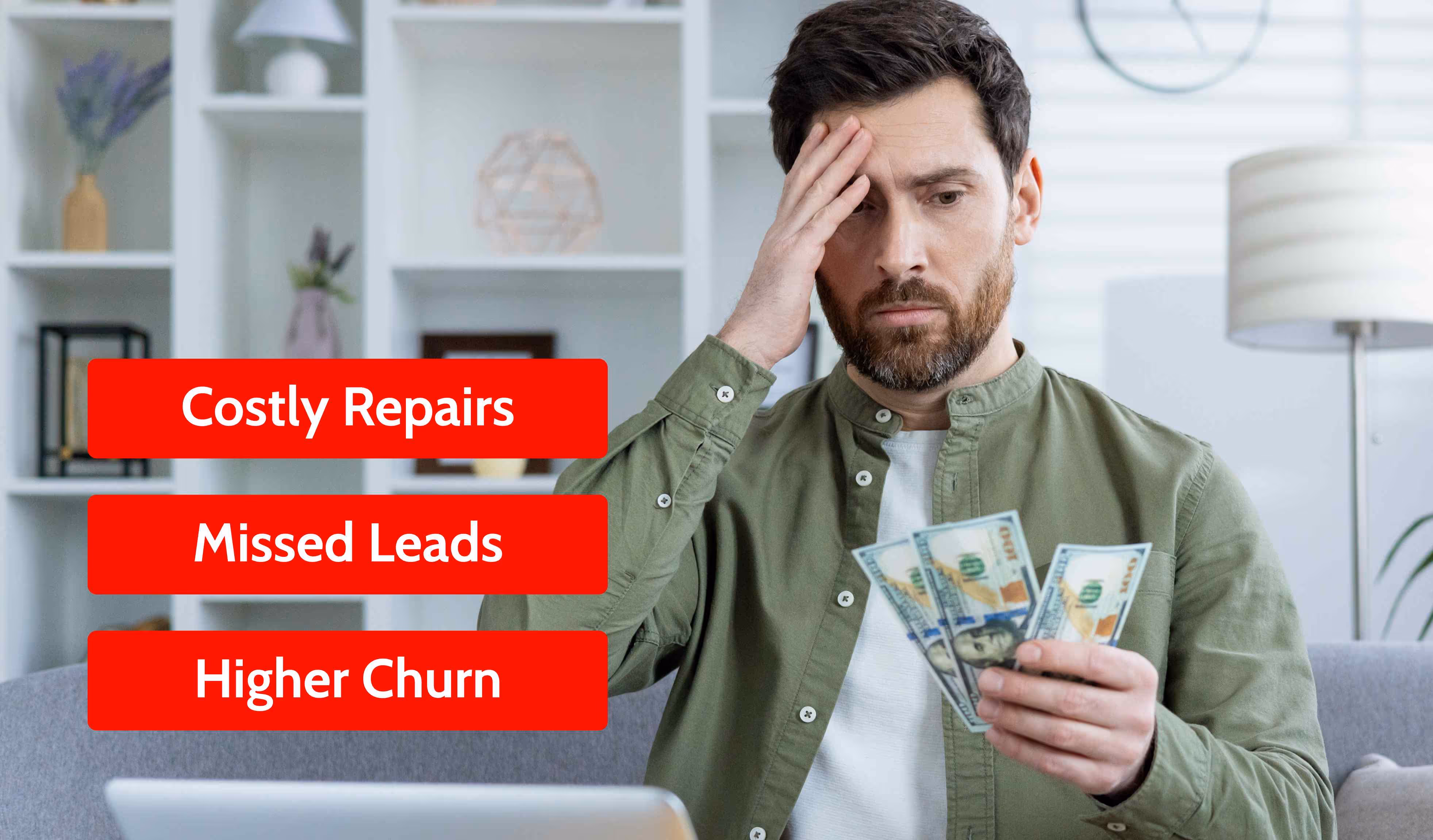 Landlord worries over cash, illustrating costly repairs, missed leads & churn from unanswered after-hours tenant calls