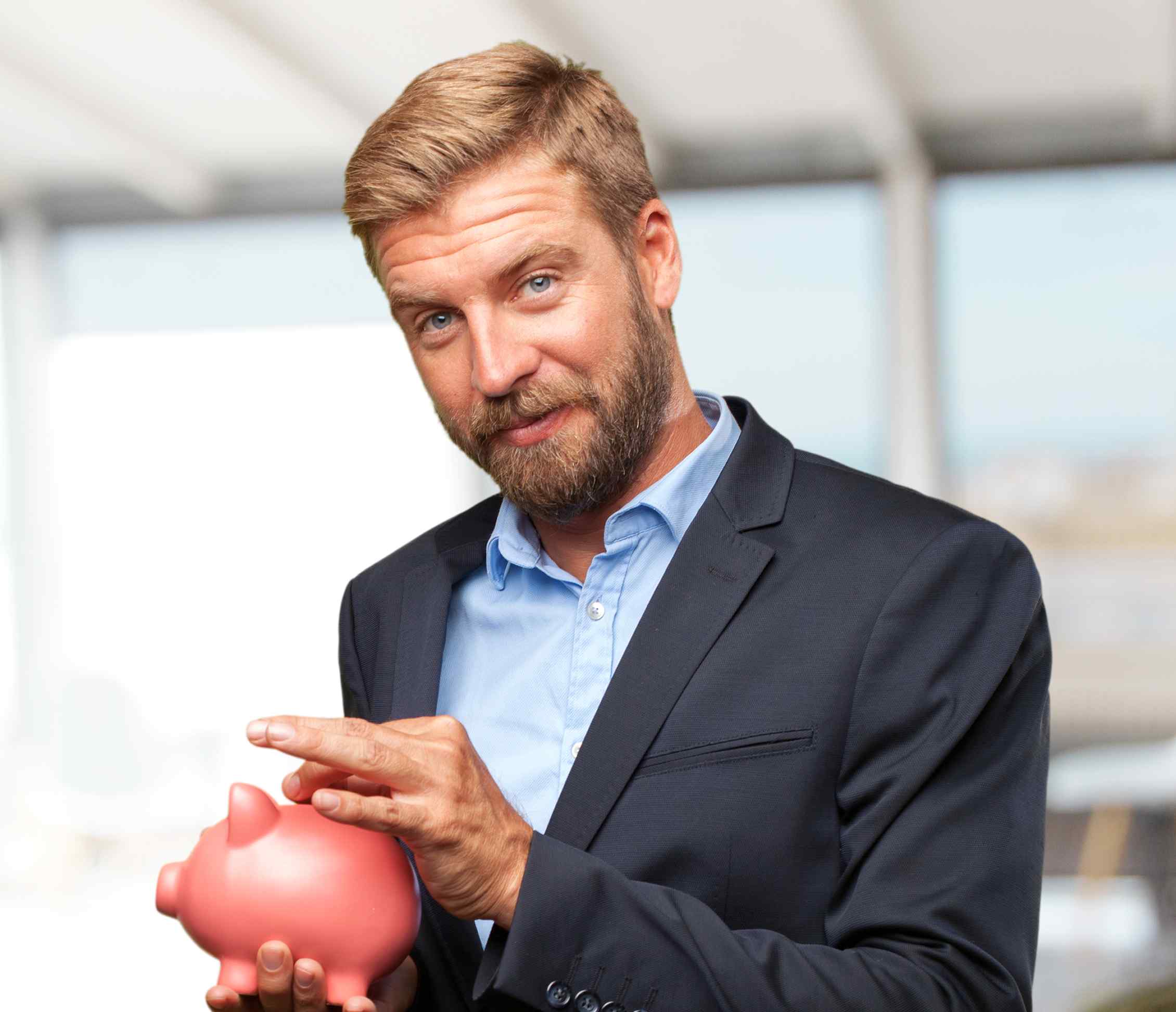 Landlord holding piggy bank highlights 70 % cost savings with Adaptify’s pay-as-you-go property-management pricing