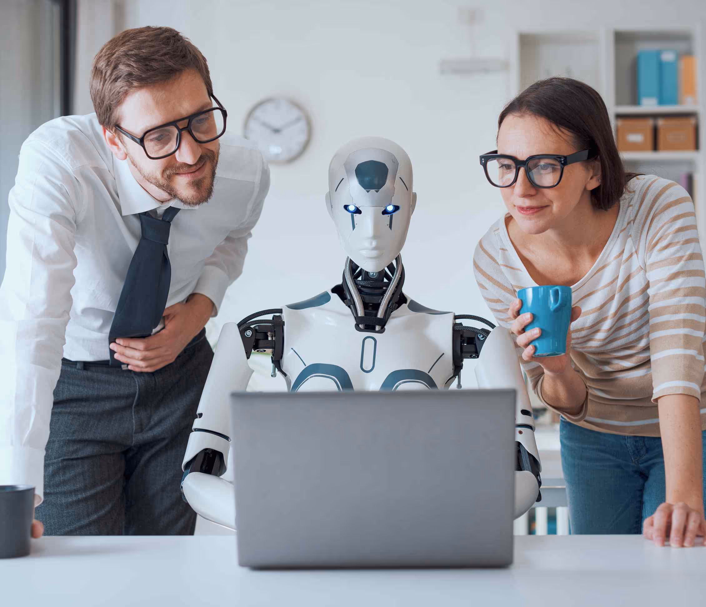 Property manager and colleague review AI-generated transcript with robot during seamless human handoff of complex calls