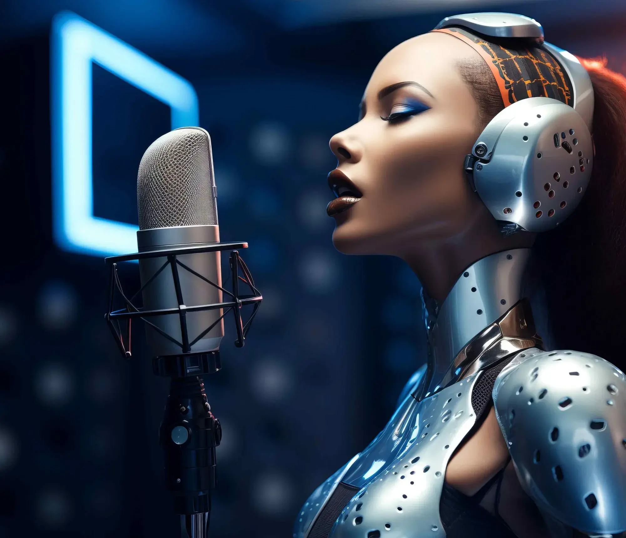 Futuristic AI voice model recording templates for HVAC, dental, legal and other industries at studio mic.