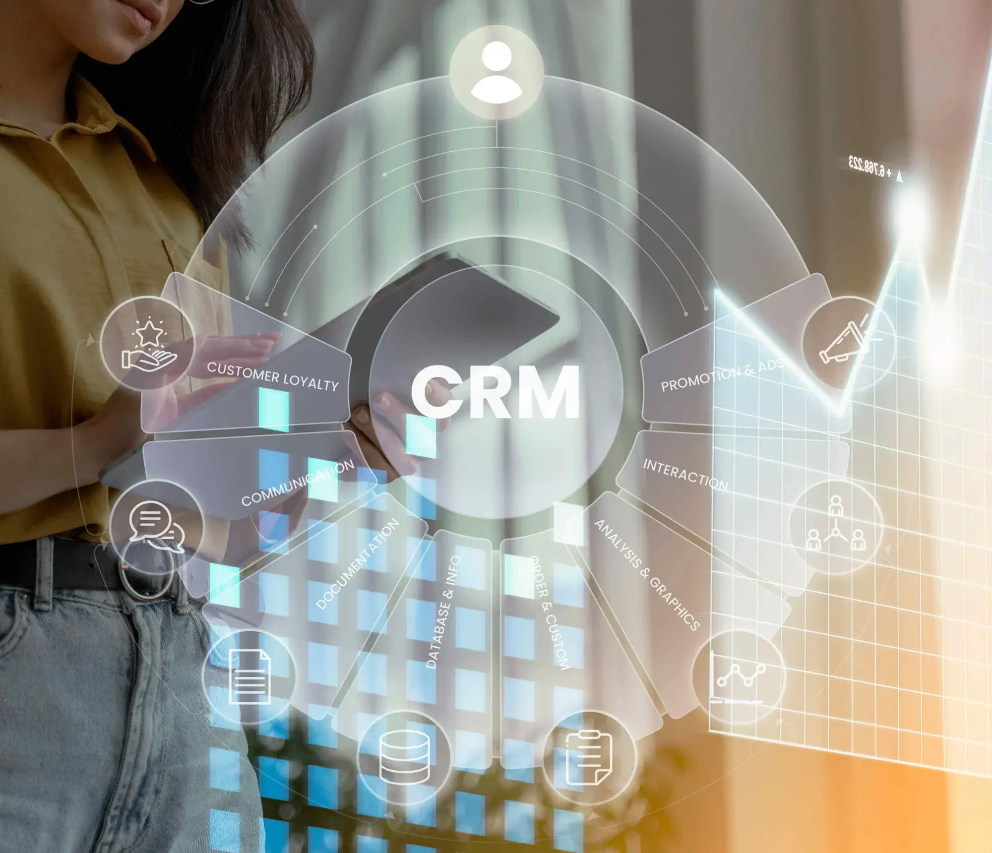 CRM dashboard hologram illustrating Adaptify AI receptionist syncing calls to Salesforce, Zendesk and 2 000+ apps.