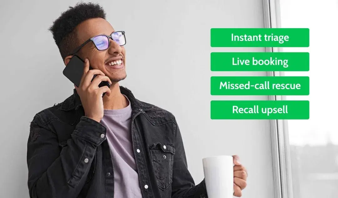 Satisfied customer booking HVAC repair via Adaptify AI receptionist with instant triage and live scheduling