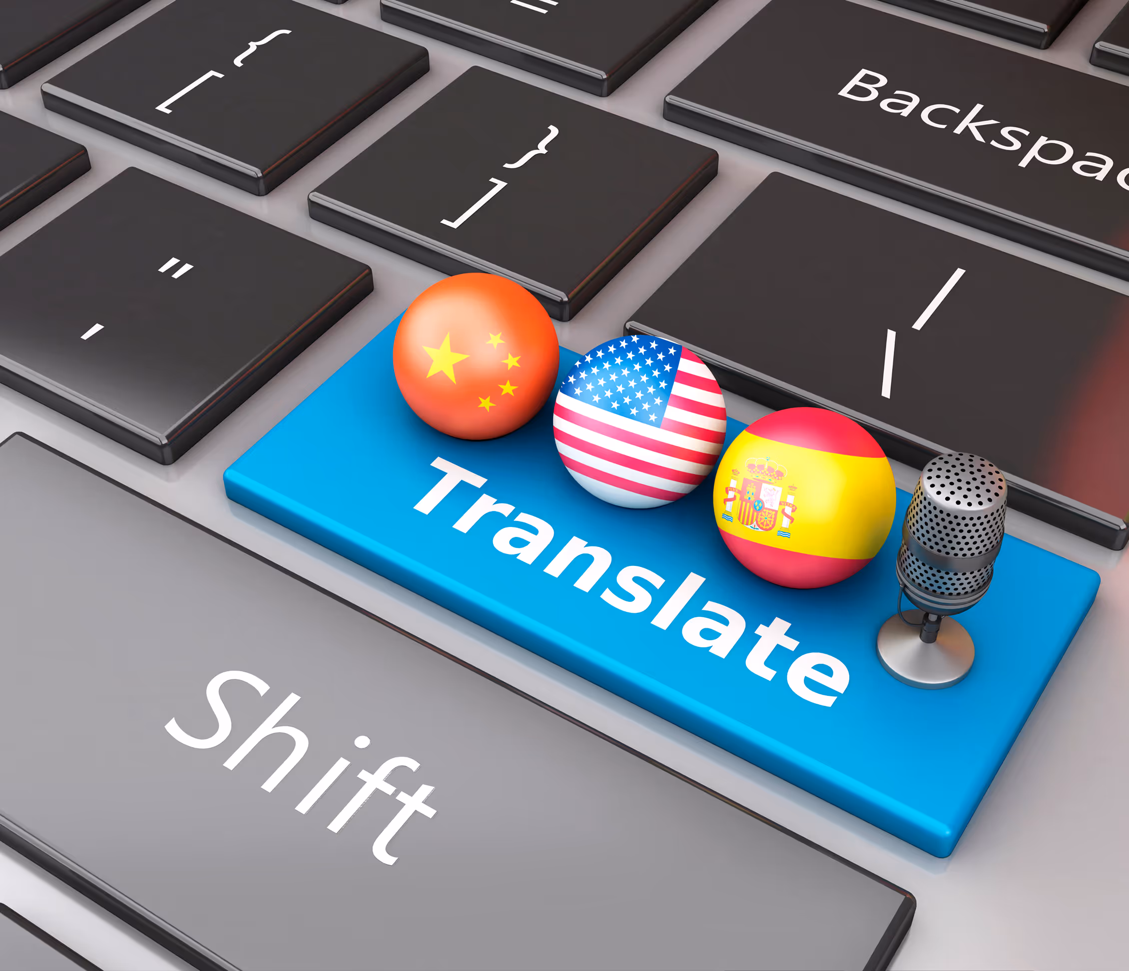 Keyboard translate key and flags symbolising bilingual English-Spanish HVAC AI receptionist