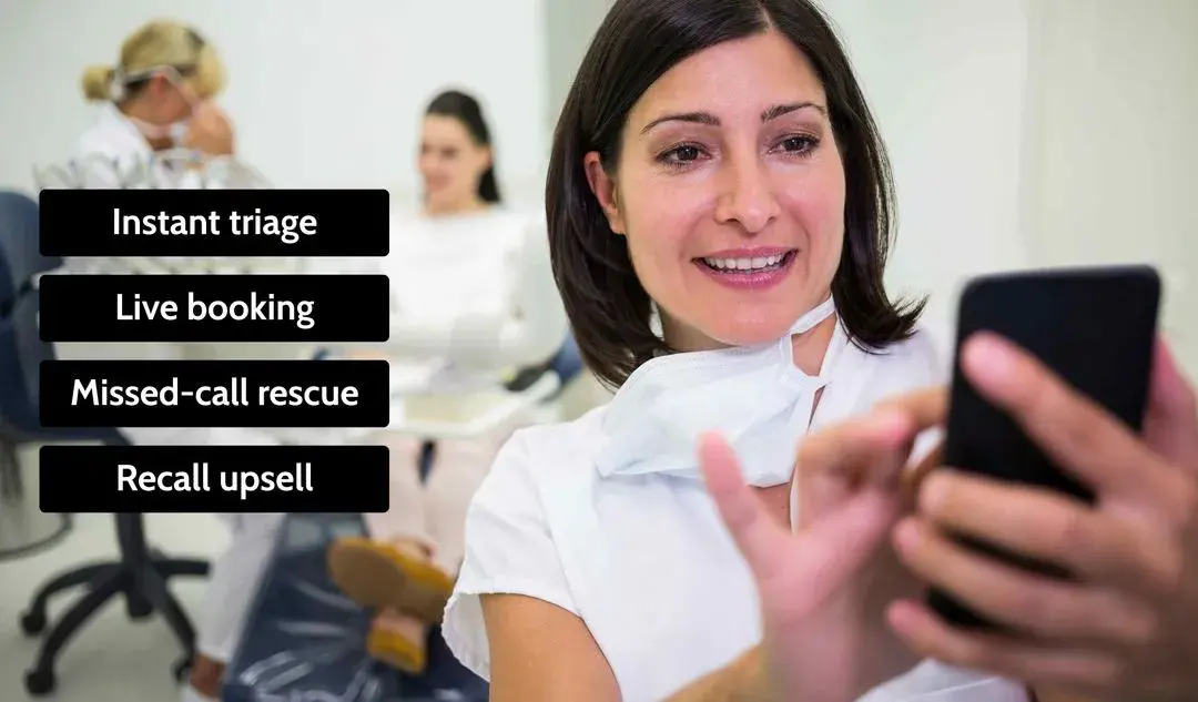 Dentist using smartphone to review Adaptify AI receptionist’s instant triage and live booking alerts