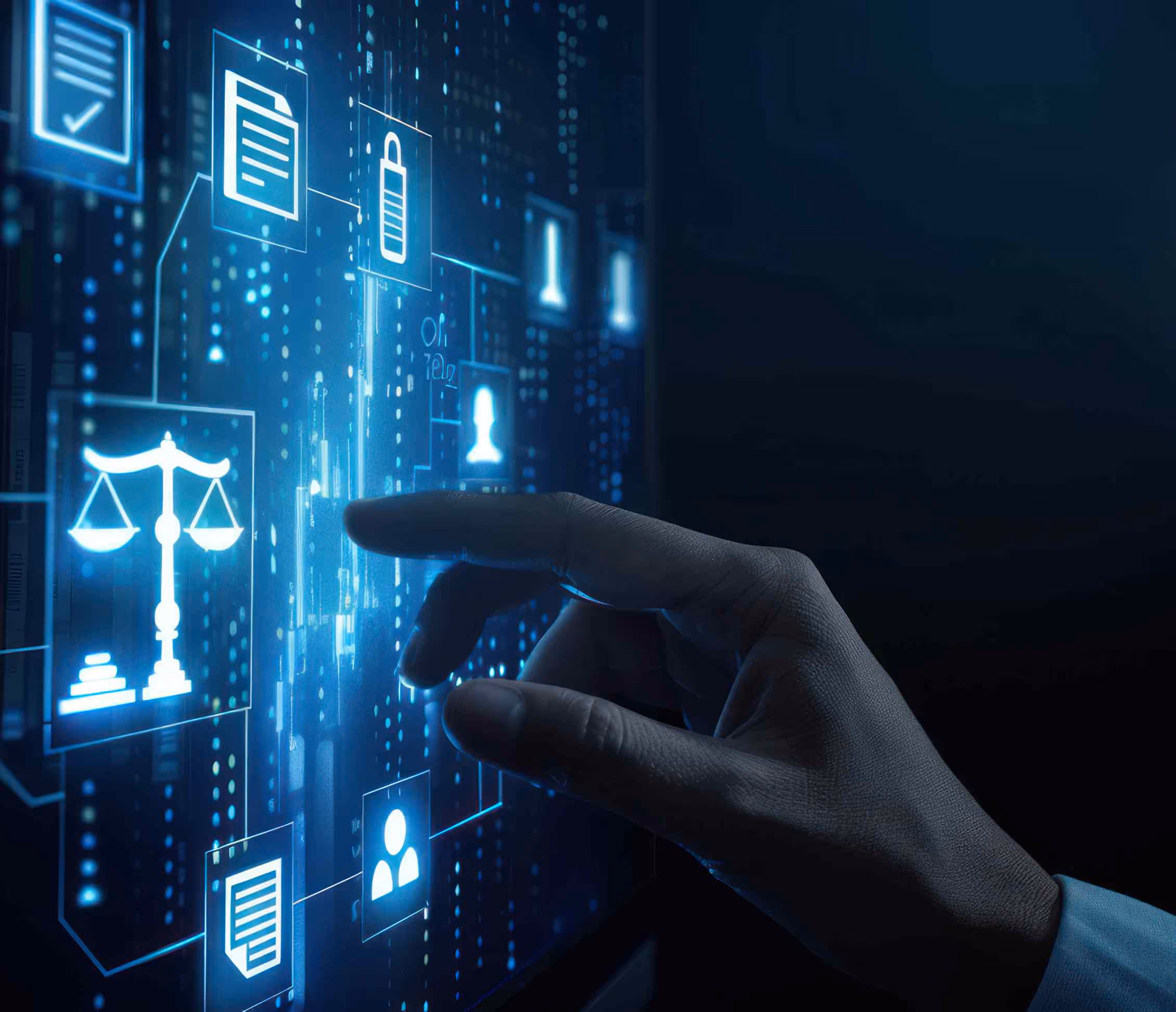 Hand selects secure justice icon symbolising TLS 1.3 / AES-256 encryption for attorney-client calls