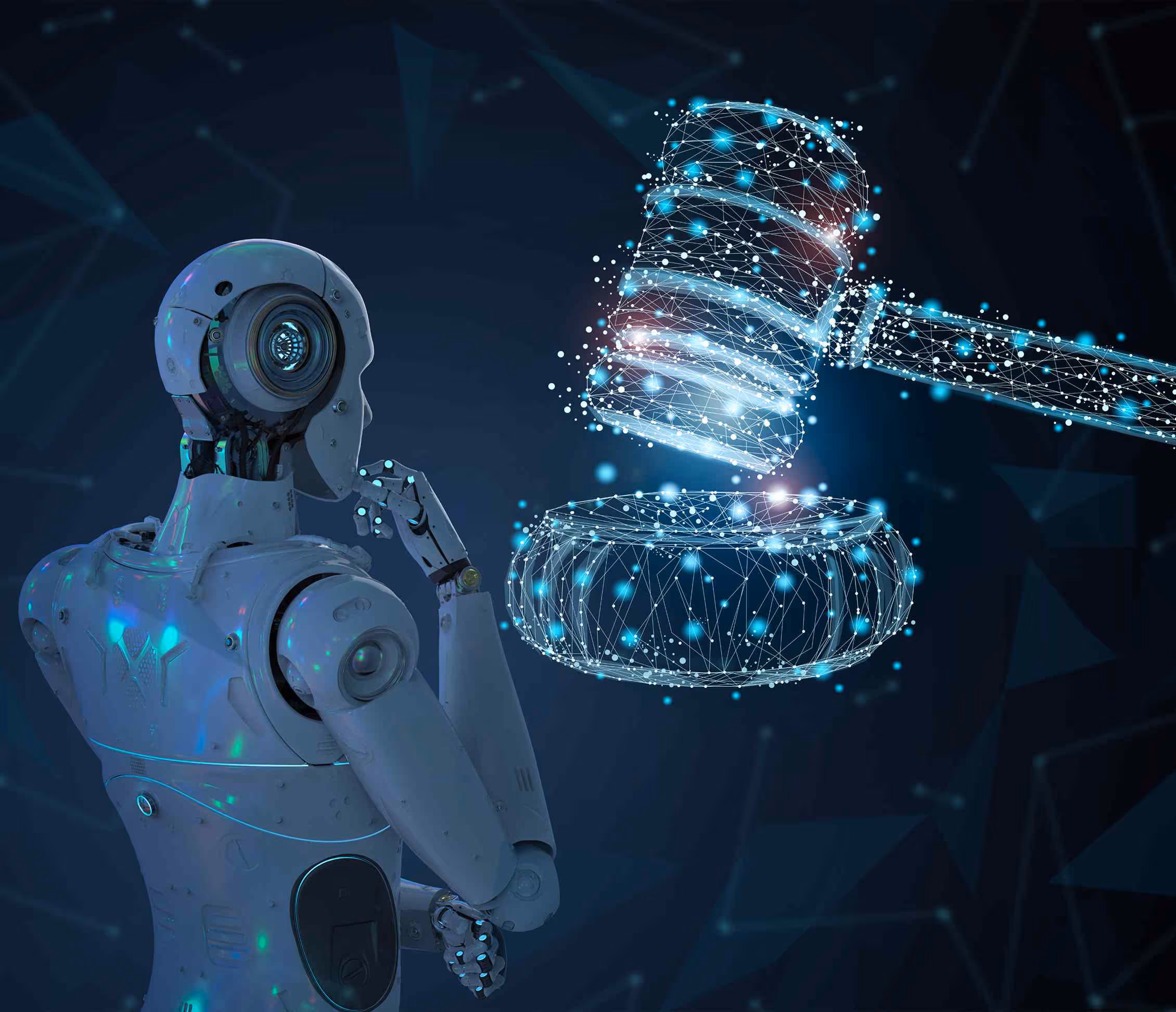 Futuristic AI screens conflicts against firm database before lawyer speaks, protecting privilege