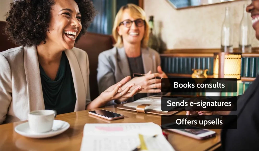 Happy clients signing e-retainer as Adaptify books consults, sends e-signatures and upsell prompts