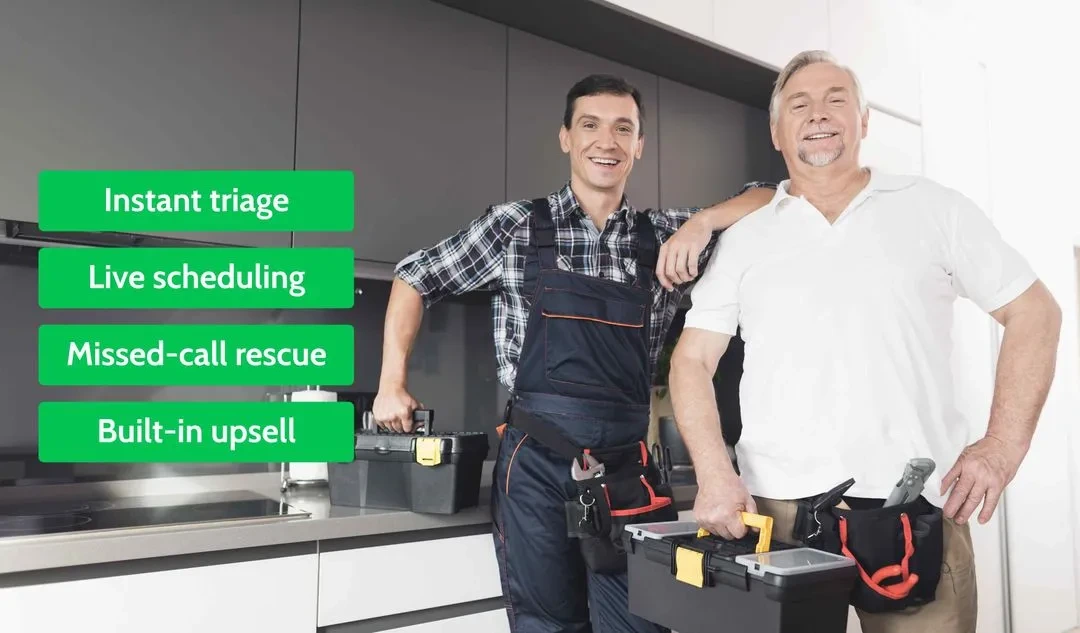 Two plumbers with toolboxes show Adaptify benefits: instant triage, live scheduling, missed-call rescue