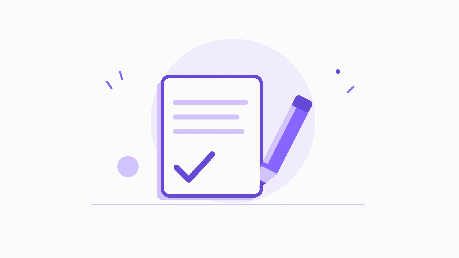 A purple pencil resting beside a document with a visible revision mark.