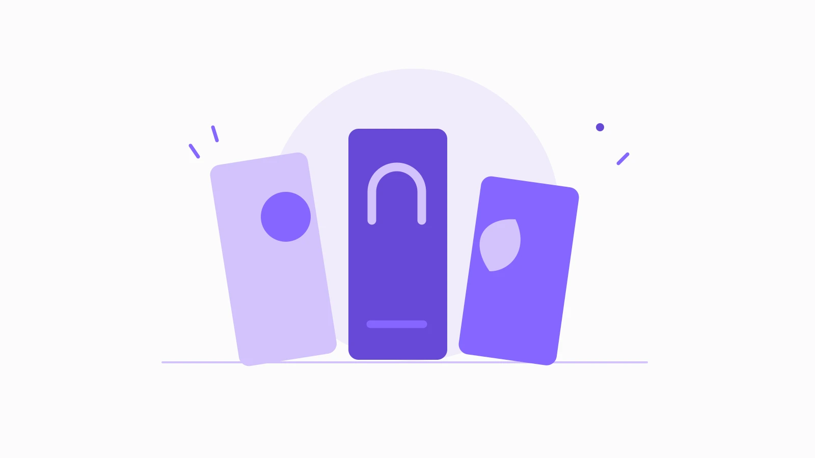 Three purple books standing together with simple circle, arch and leaf symbols on their covers.