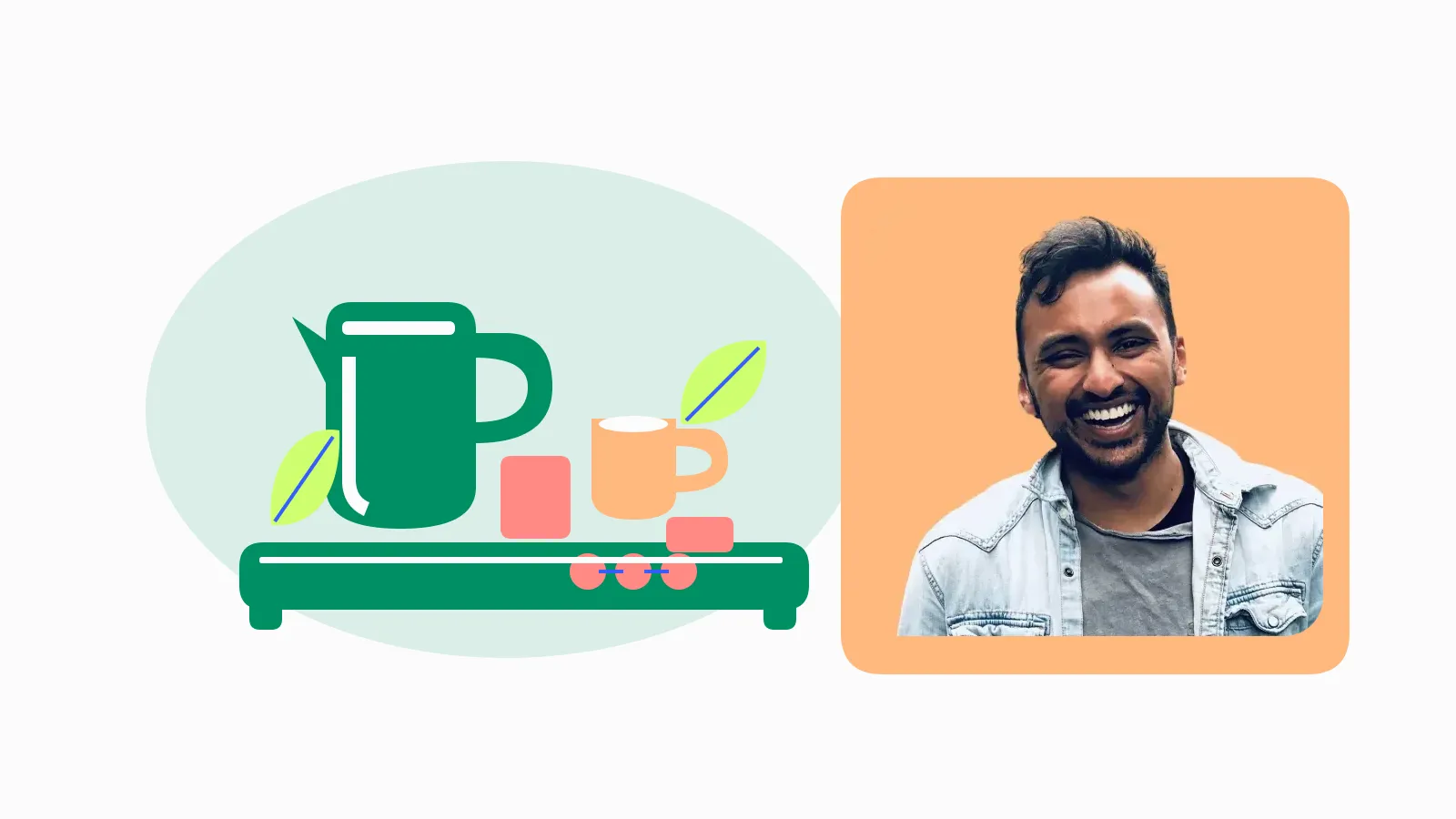 Himal Randeniya beside an illustration of a prepared tray with a jug, cup and loose materials.