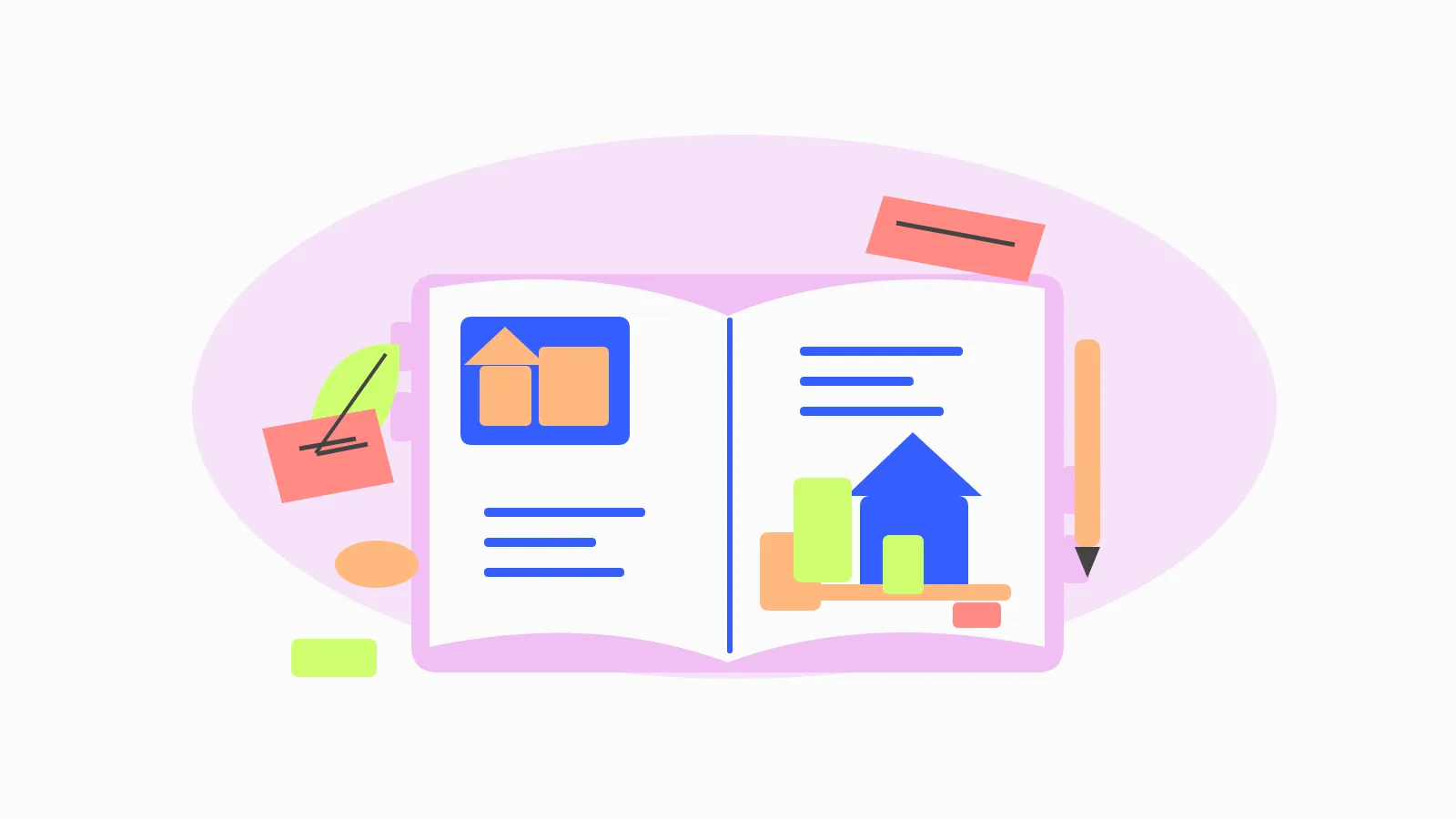 An open planning notebook connecting a construction observation with notes, learning materials and a response.