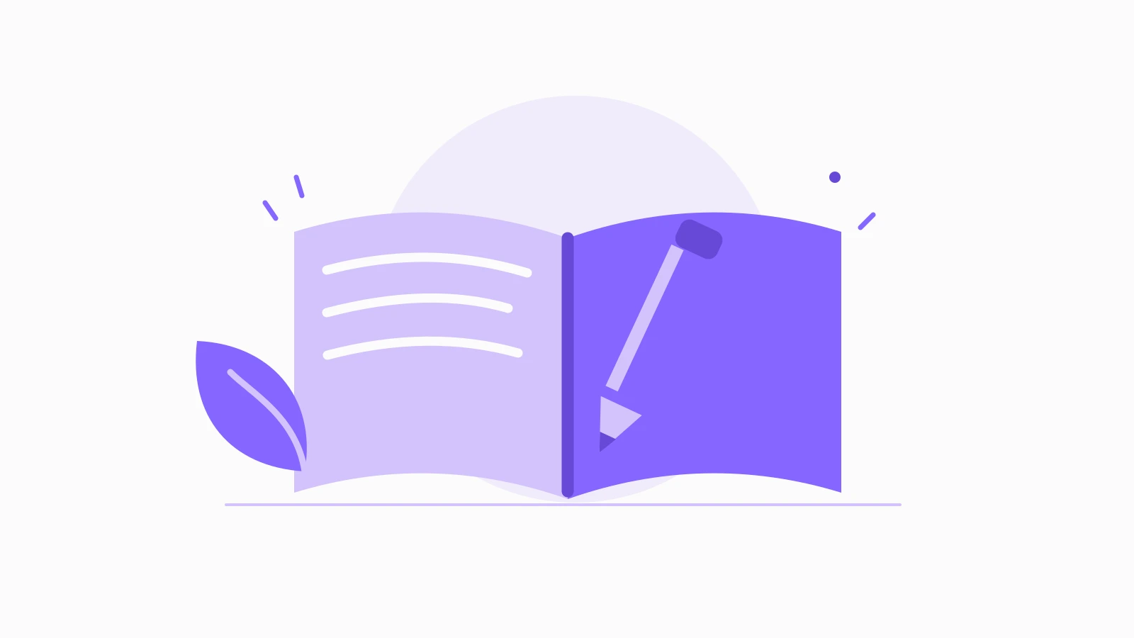 A purple pencil and open notebook, with a small leaf beside them.