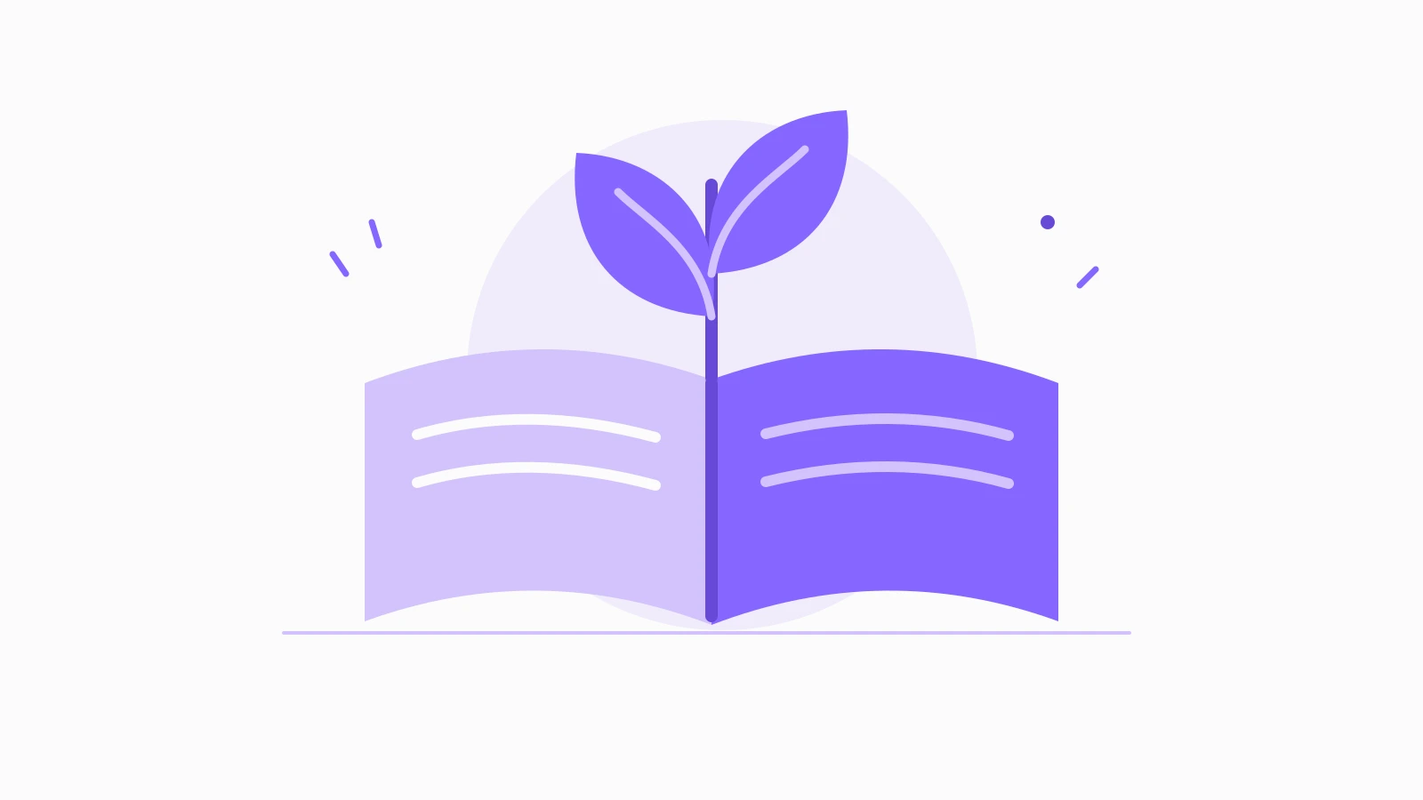 An open purple book with a growing stem and leaves, representing an early learning framework.