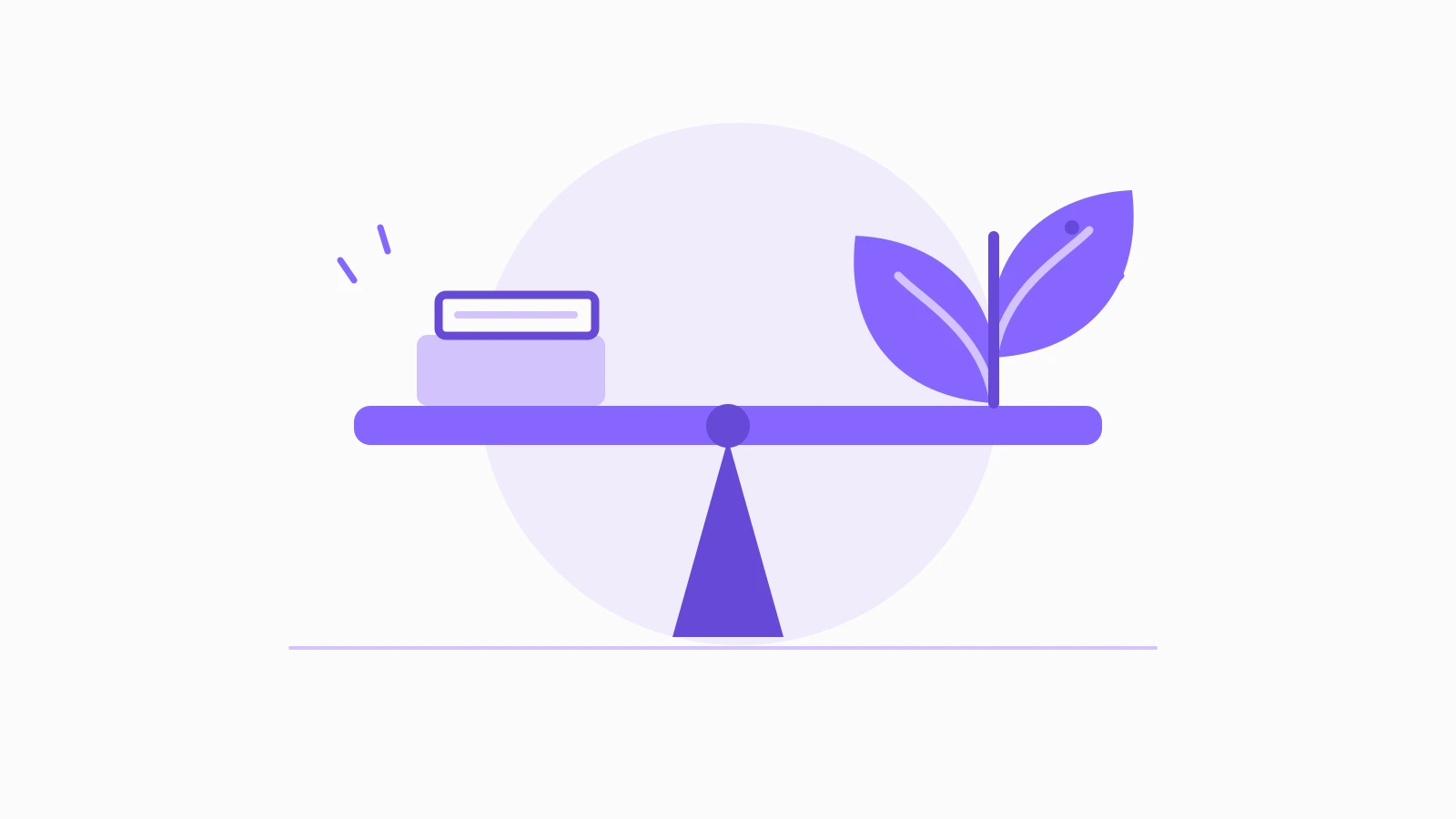 A purple balance beam with a small document stack on one side and a leaf on the other.