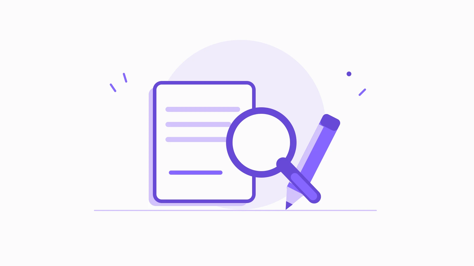 A magnifying glass over a purple document, with a pencil beside it.