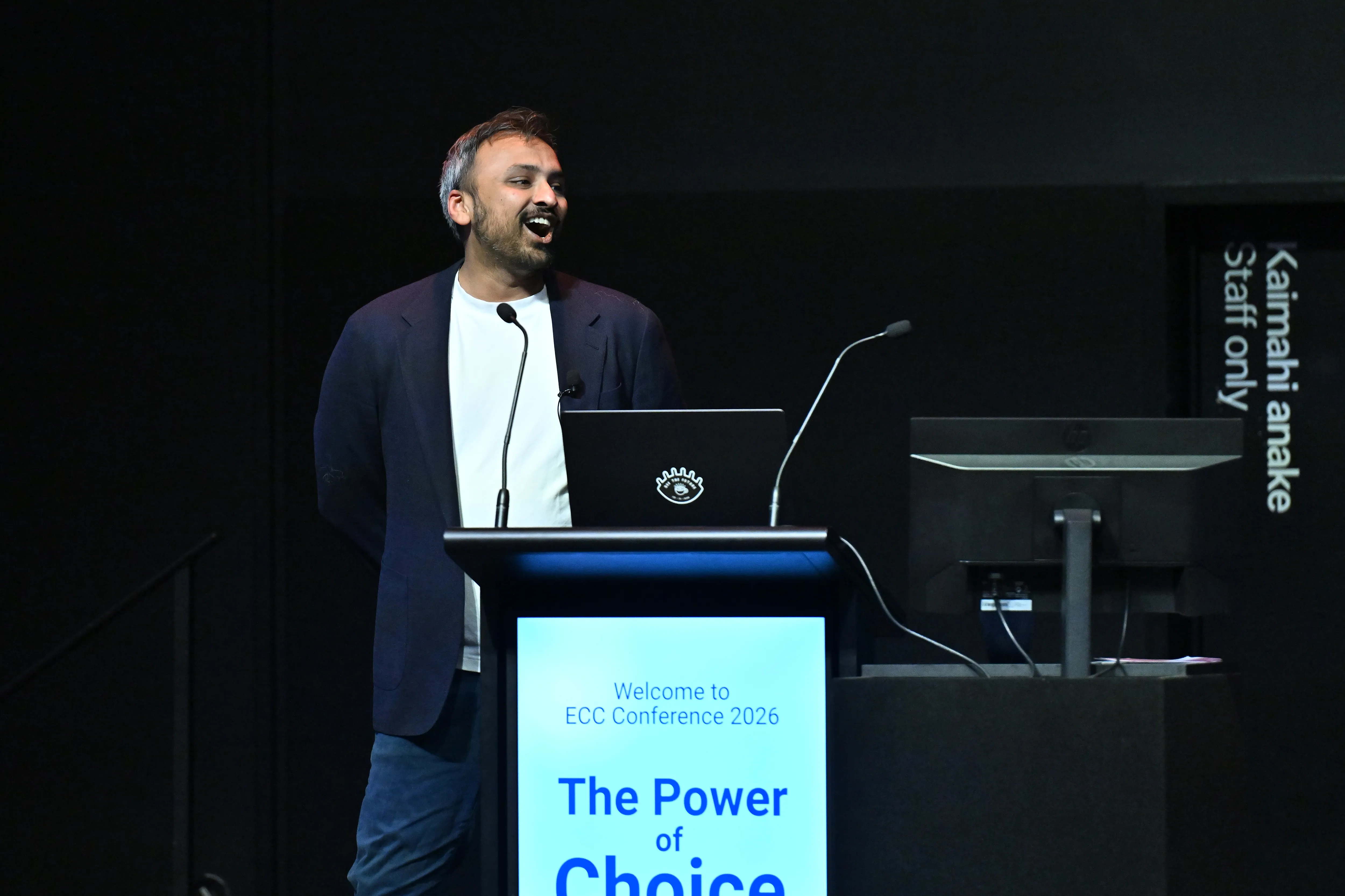 Himal Randeniya presenting at the ECC Conference 2026 in Wellington.