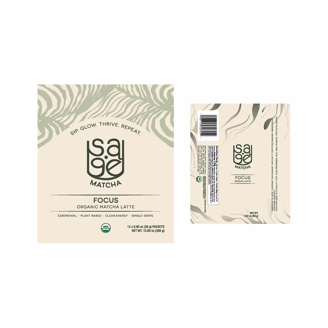 A composited image of the finalized layouts of the original bag design and the packet design, featuring a light cream color base and light green accent colors on both.
