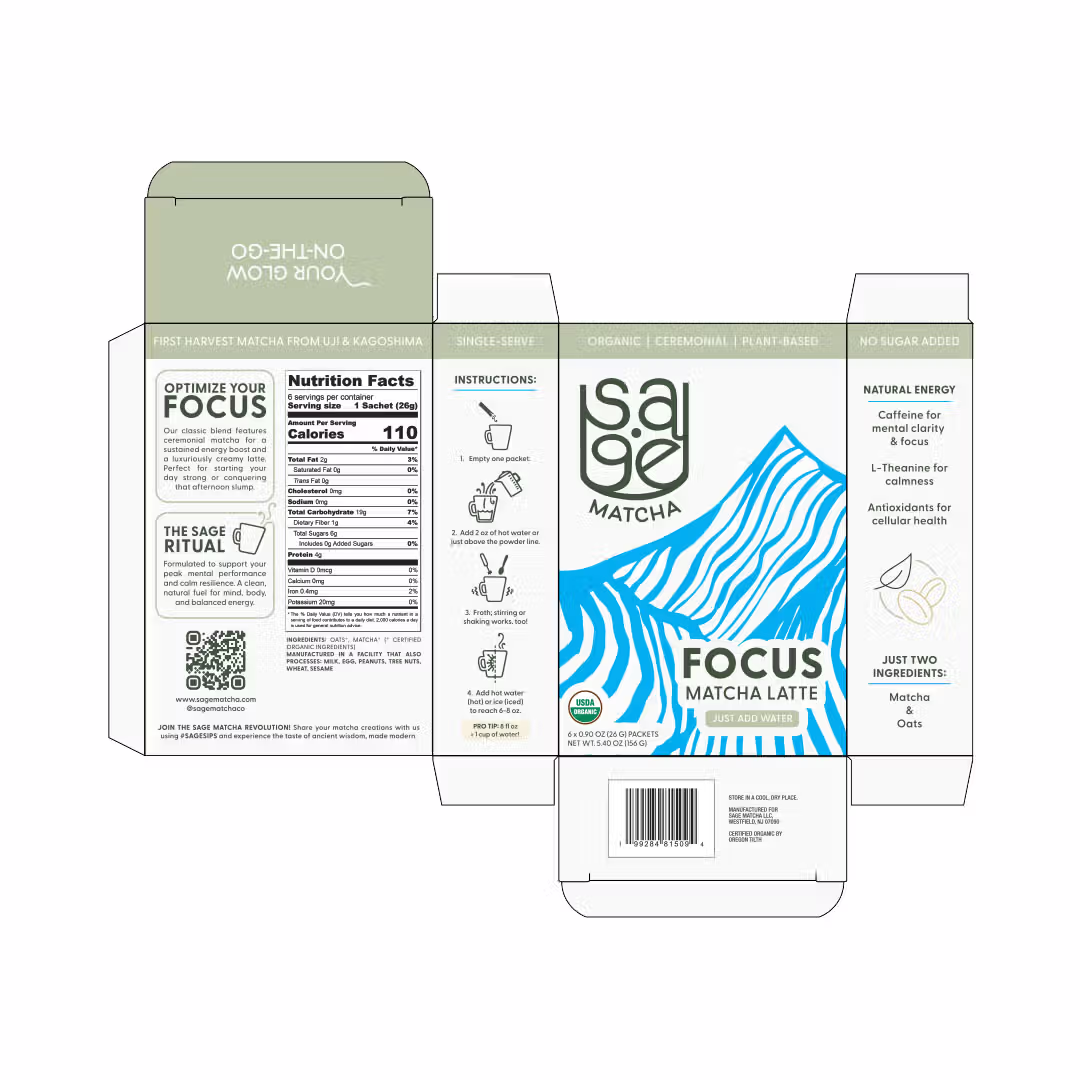 An orthographic view of the updated box template for Sage Matcha's Focus blend, featuring a primarily cream background, green accents, and a blue mountain graphic on the front panel (indicating embossing to the manufacturer).