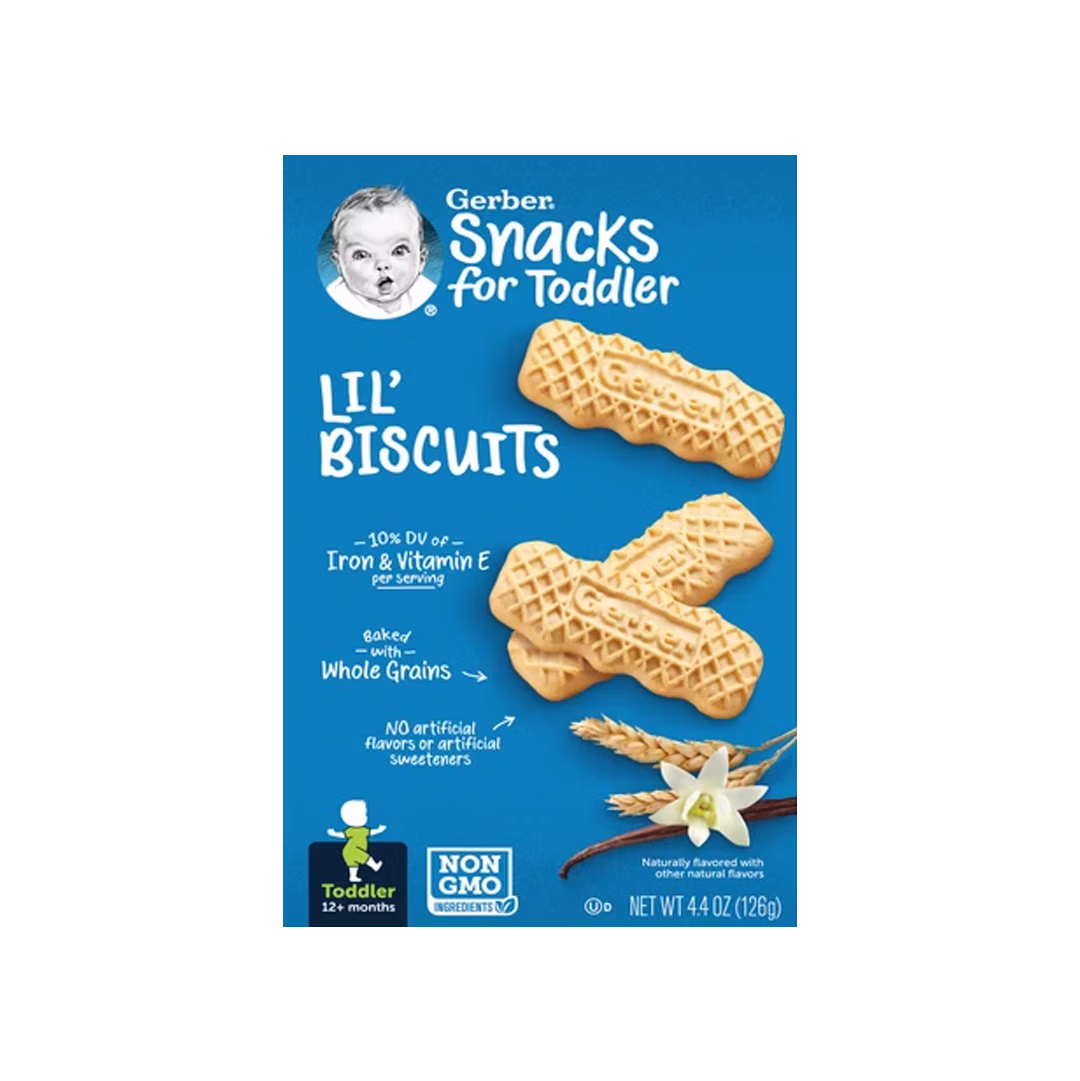The "old" Gerber packaging for Lil' Biscuits. Against a solid blue background, the Gerber logo sits in the top-left corner with information including the product description ("Lil' Biscuits") and various callouts about nutritional benefits are crammed on the left side of the front box panel, while the right side of the front box panel includes photography of three large biscuits, a vanilla flower, and grain.