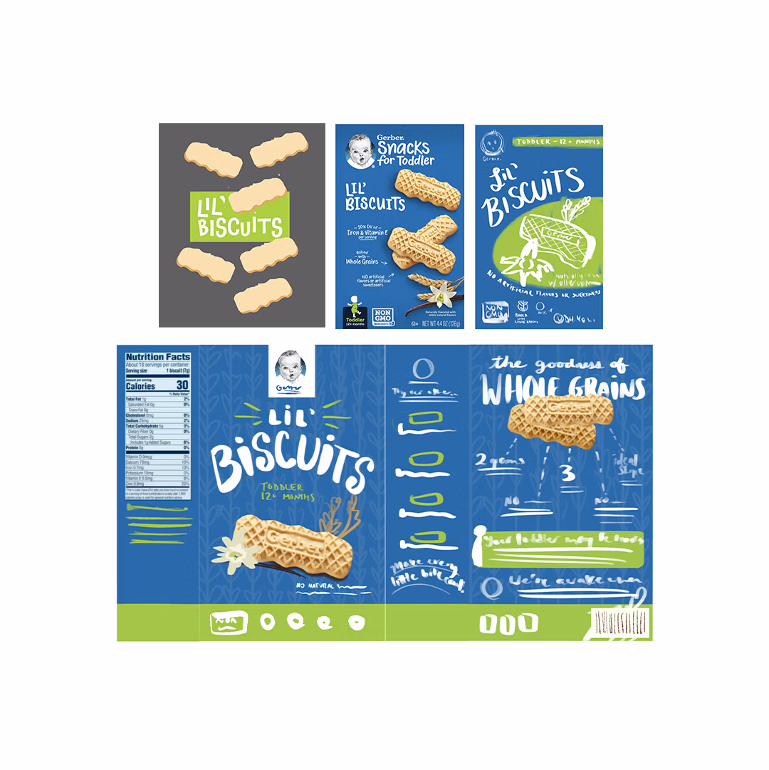 A composite image of three early packaging concepts (including one that shows all four sides of the box) positioned alongside the original packaging design.