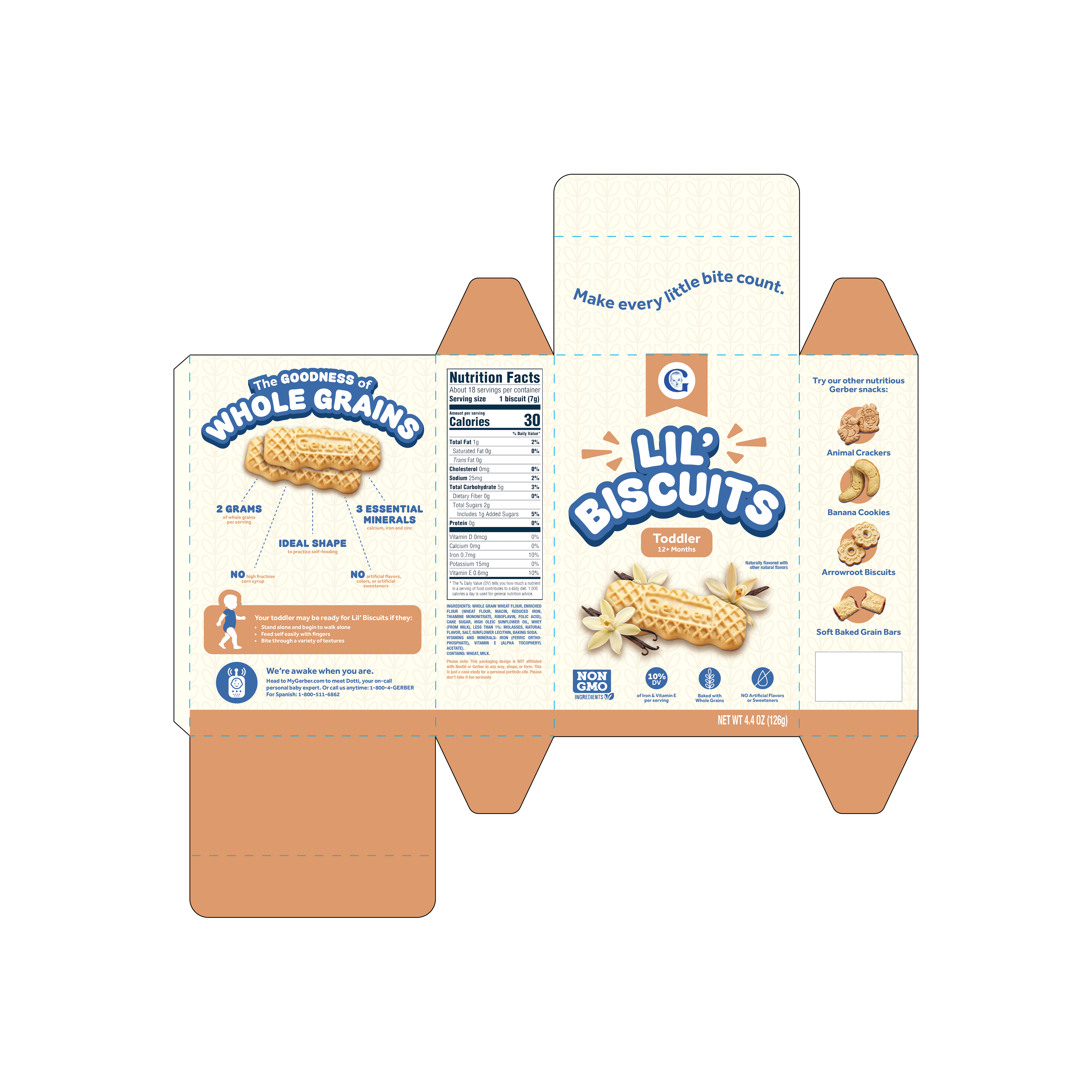 An orthographic view of the final box template for this redesign project, featuring a cream tonal background, muted orange, and white & dark blue type.