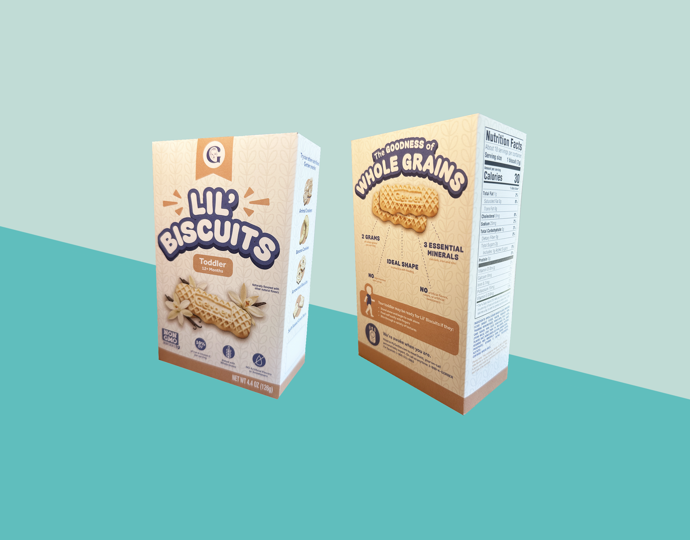 A composite image featuring two three-quarter views of the front, back, and side panels of the redesigned Lil' Biscuits box against a two-tone teal background.