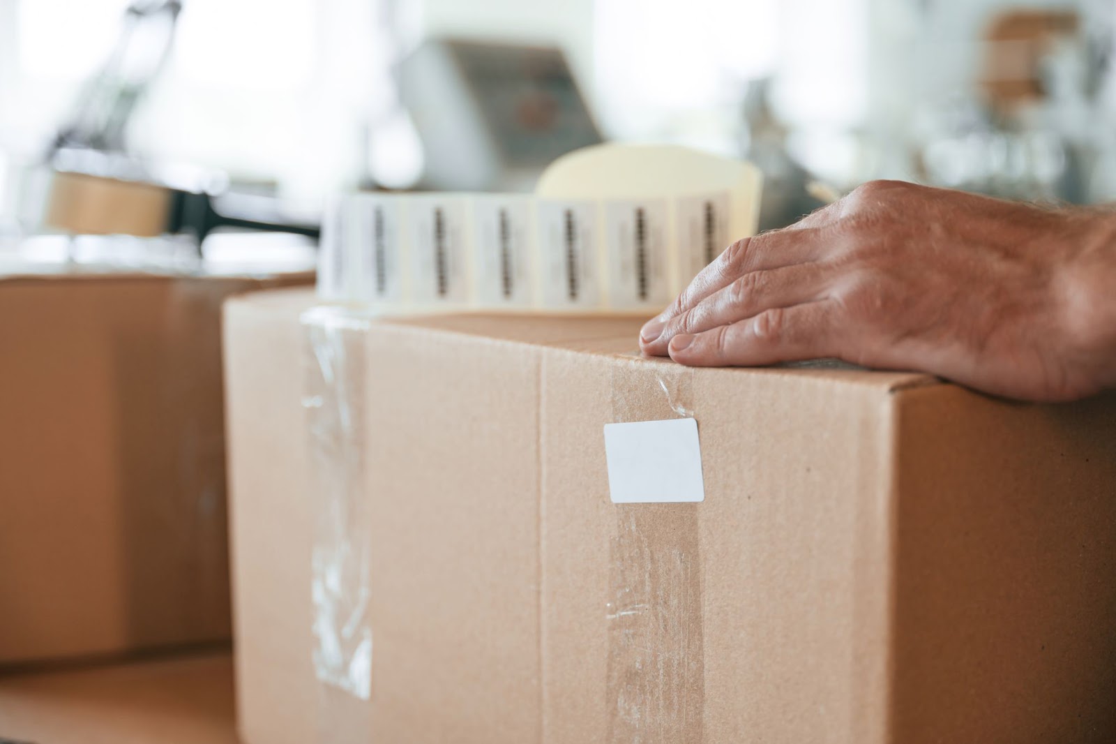 A man carefully labelling a box with stickers.