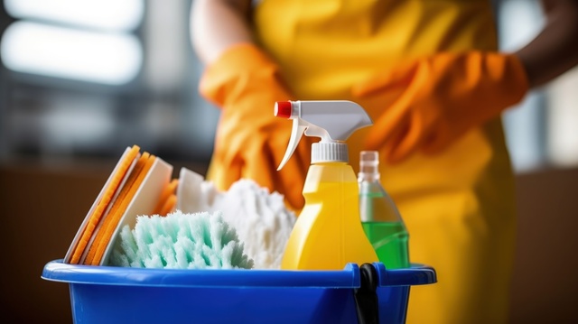 Cleaner standing behind a bucket filled with cleaning materials and equipment