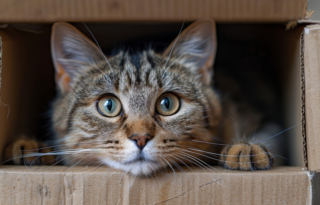 Cat hiding in a cardboard box