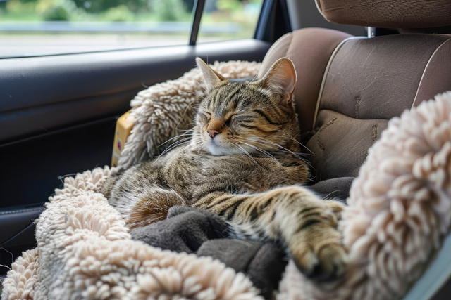 A cat lounging in a cozy car seat on a road trip