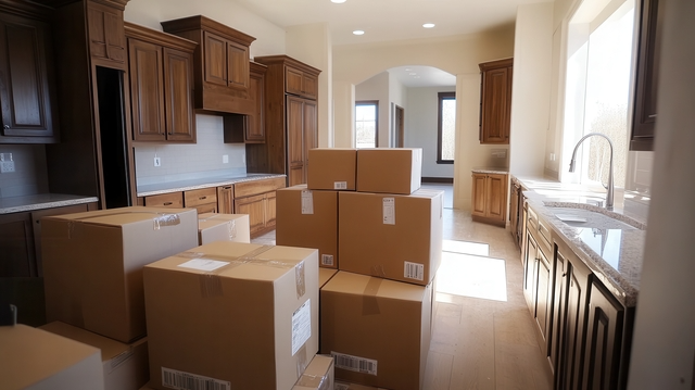 Contemporary style kitchen full of moving boxes.