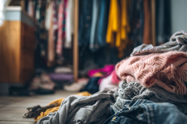 Disorganised apartment with clothing scattered over the floor.