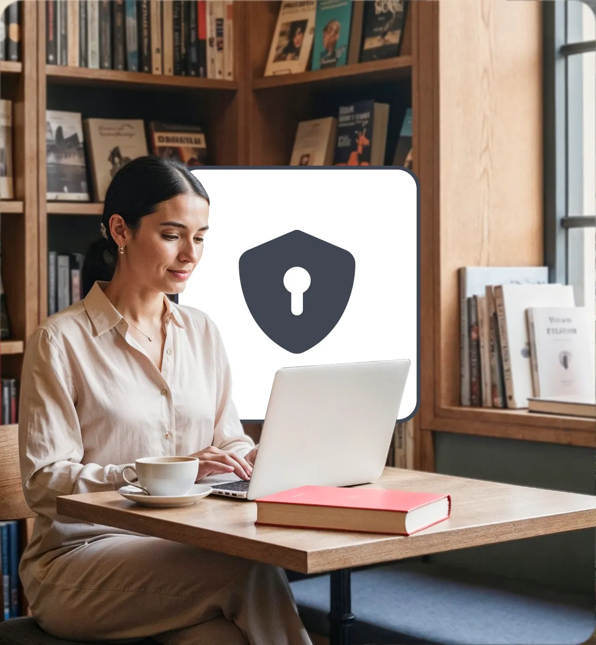 Woman using laptop in a café with security icon, promoting Deriv as a UAE-regulated broker for trading CFDs.