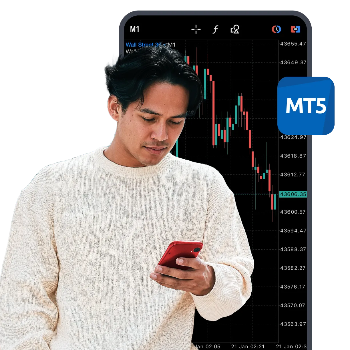 Man trading in the UAE using Deriv MT5 on mobile, with a live market chart displayed in the background.
