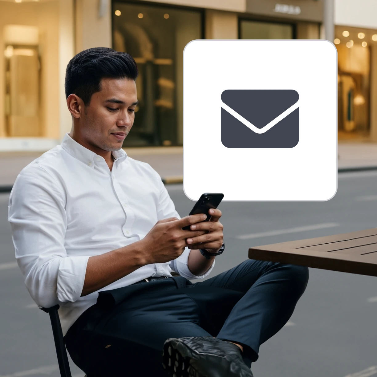 Contact Deriv’s PR and communications team — image of a man on phone with email icon, representing easy outreach.