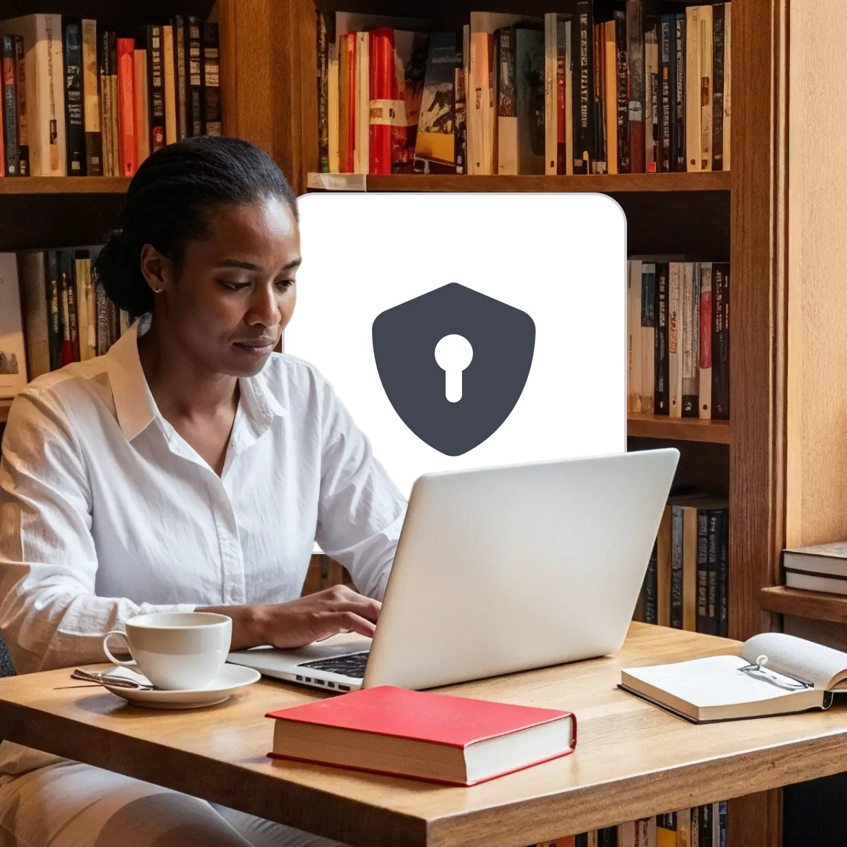 Woman using laptop in a café with security icon, promoting Deriv as a UAE-regulated broker for trading CFDs.