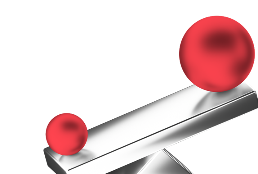 A silver see-saw balance beam with a small red sphere on the left and a larger red sphere on the right, tilting downward on the right side.